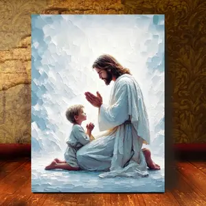 1pc, Contemporary Christian Canvas Wall Art 11.8x15.16inch, Jesus Praying with Boy, Religious LDS Bible Verse Print, Spring Flowers Design, Easter Decor, Ready to Hang for Home & Living Room
