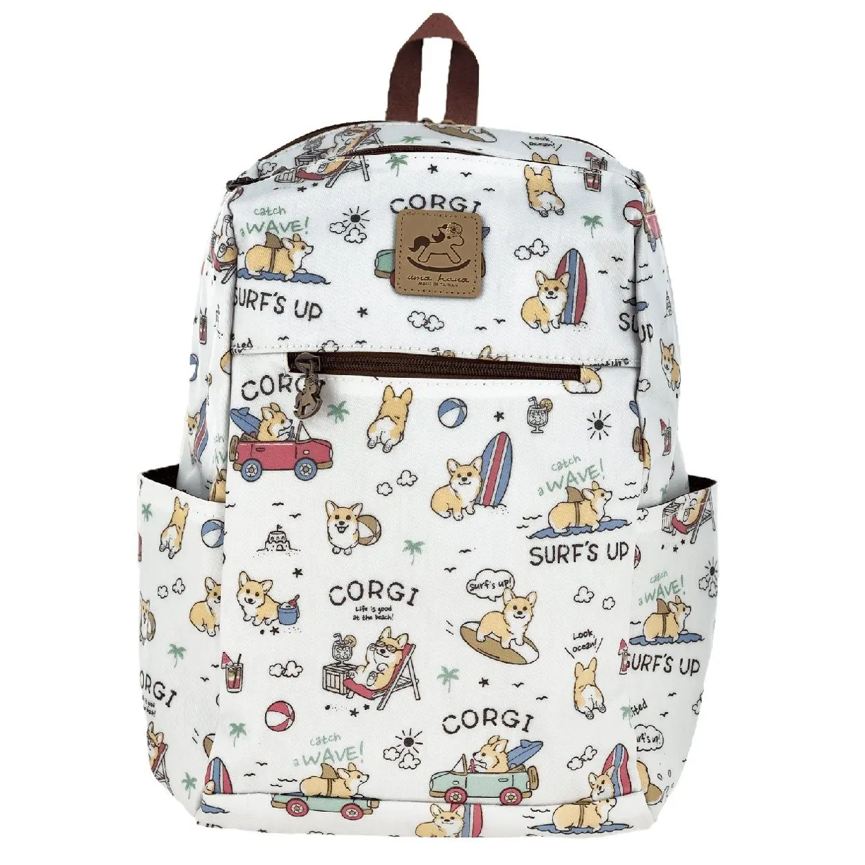 White Surfing Corgi Zipper Backpack