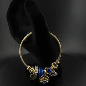 D'Luxe Essentials Stainless Steel Rhinestone Decor Evil Eye & Round Charm Bangle for Women Exquisite Fashionable Bracelet Xoxo Style Power Beads