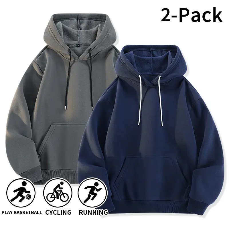 2-Pack Basic Solid Color Loose Hoodies, Heavyweight Skin-Friendly Fleece-Lined Casual Pullover Hoodies, Unisex Breathable Heat-Locking Long-Sleeve Sports Tops, Versatile Plain Blank Hoodies for Daily Fitness and Commuting. Available as a single piece or i