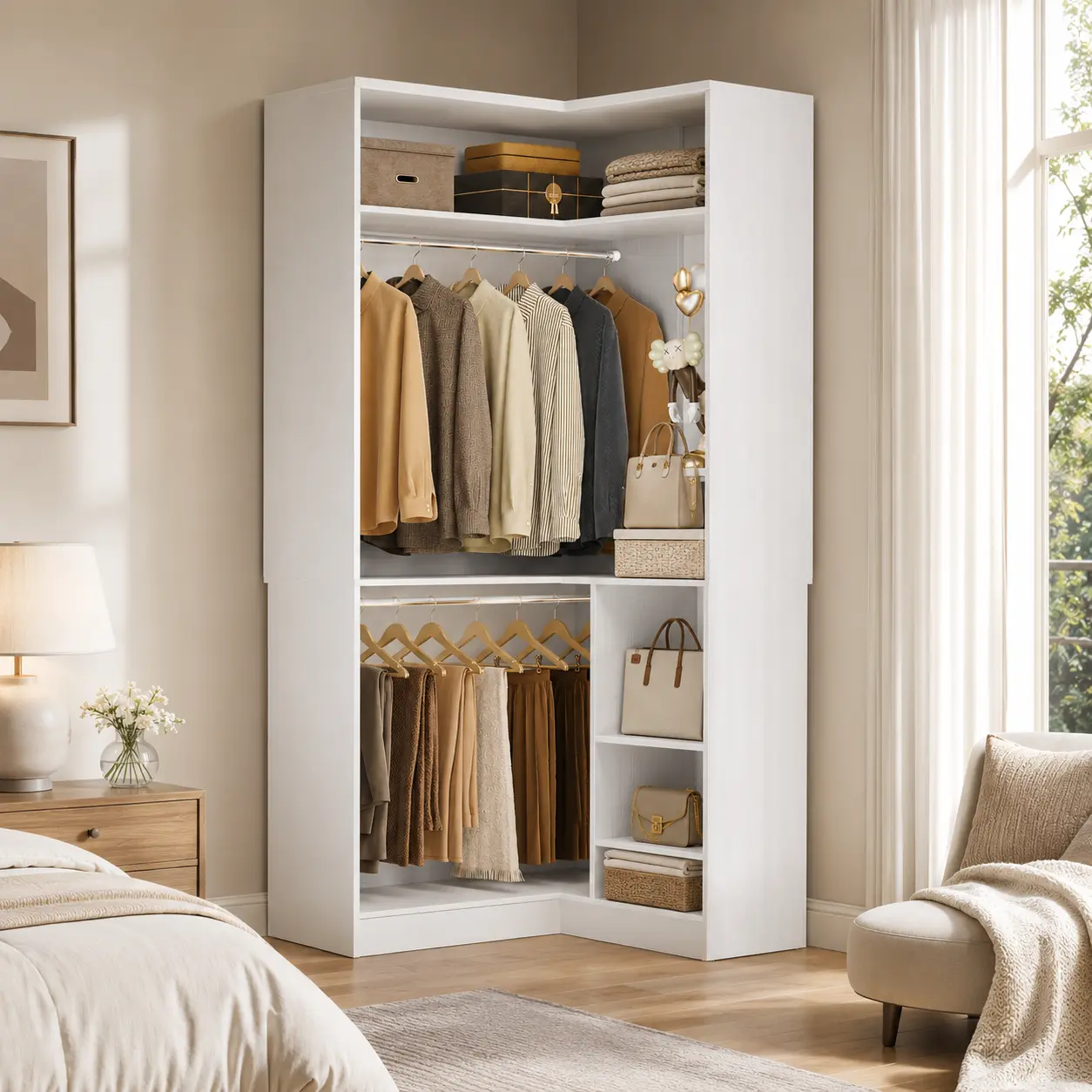 Corner Closet System with 2 Hanging Rods,Freestanding L-Shaped Walk-in Organizer Wardrobe with Shelves for Small Closet