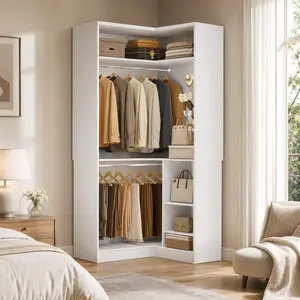 Corner Closet System with 2 Hanging Rods,Freestanding L-Shaped Walk-in Organizer Wardrobe with Shelves for Small Closet