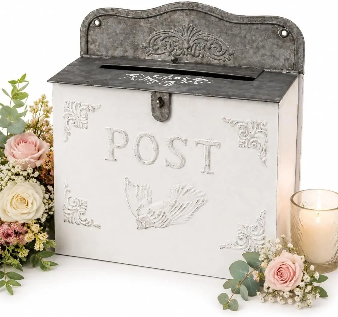 Vintage Style Wedding Card Box – Nostalgic Farmhouse Keepsake Holder for Cards, Wishes & Treasured Moments (White Horizontal)