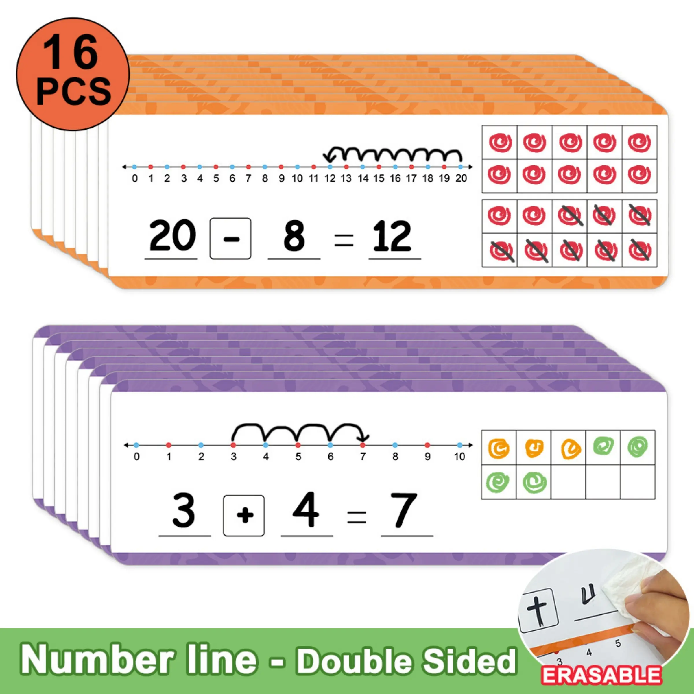 6 Dual-Sided Number Line Teaching Aids, Kids Math Addition Subtraction Learning Tools, Erasable Cards, No Pen Included, Learning Materials