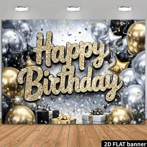 Gold Glitter Birthday Party Background Cloth, Happy Birthday 3D Letters with Balloon Cluster, Gold Transparent, Perfect for Parties, Party Decoration