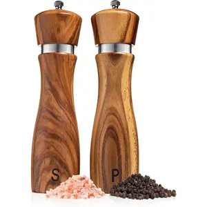 Wooden Salt and Pepper Grinder Set Refillable Salt & Pepper Mills Adjust for Customized Coarseness Solid Acacia Wood with Ceramic/Stainless Steel Core 8 Inches Each