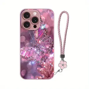 Smartphone Cellphone Protection Cover, TPU Soft Waterproof Metallic Lacquered Glass Case, Elegant Purple Crystal Butterfly Design, Silicone Matte Lightweight Business Casing with Lanyard, Cute Couple Accessory for iPhone 16-15-14-13-12-11-X-7-8 Devices