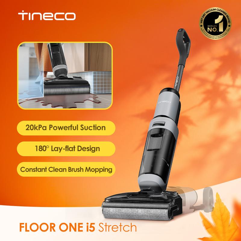 TINECO FLOOR ONE i5 Stretch Cordless Wet Dry Vacuum, 20kPa Suction, 180° Lay-Flat Anti-Tangle Floor Mop, Dual-Sided Edge Cleaning, Large Water Tank, 30Min Runtime for Home Dorm Cleaning