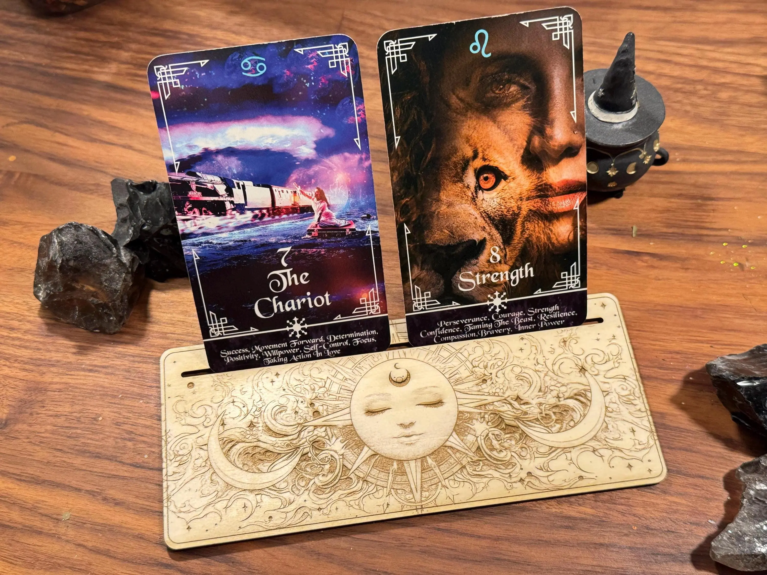 Wooden Tarot Card Stand – Celestial Sun Engraved Altar Decor for Daily Pulls