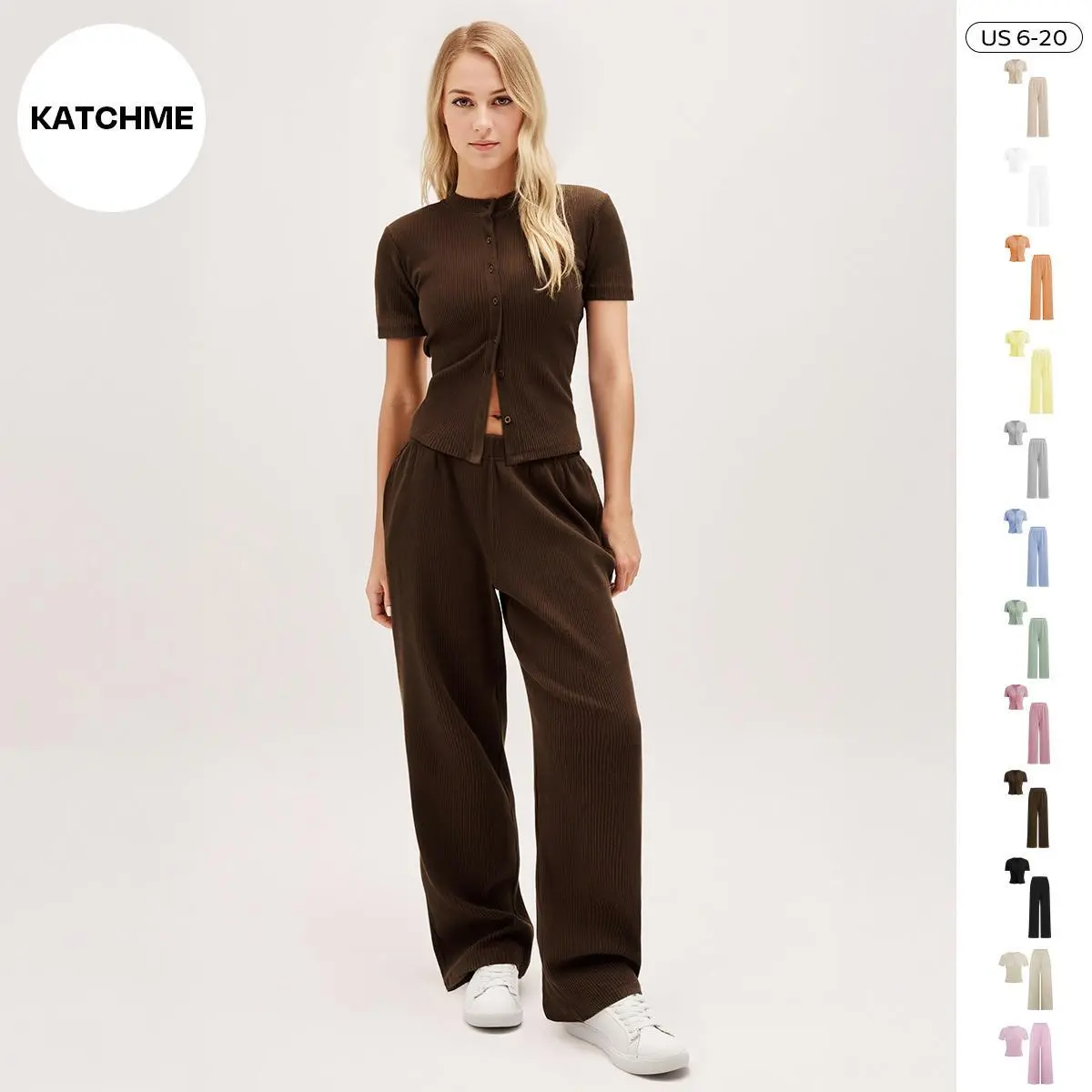 KatchMe Women's Casual Solid Color Button-Up Short Sleeve Slim Top & Wide Leg Trousers Co-ord, Minimalist Comfy Two Piece Outfits, Basic Womenswear(US)