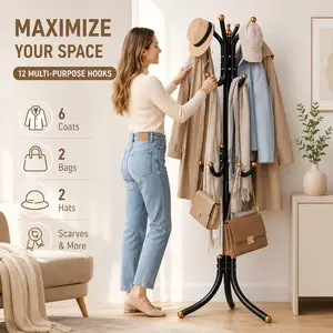 Heavy Duty Freestanding Coat Rack Organiser - 12 Hooks Metal Garment Rack, Space-Saving Entryway Hanger Stand for Coats, Jackets, Hats, Bags, Scarves, Large Multifunctional Organizer for Bedroom & Living Room