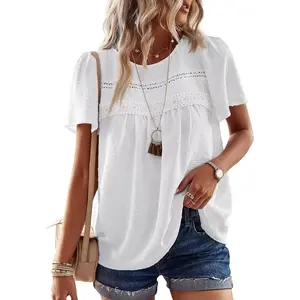 Womens Summer Tops Crewneck Short Sleeve Shirts Casual Chiffon Blouses Flowy Lace Hem Boho Clothing Trendy 2025 Womenswear Cute Fitted Shortsleeve