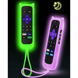 SQ-RDC001 2Pack  Cover for Roku Remote with Cat Ears Design, Silicone Skin Case Fit with Hisense/TCL Roku TV, Steaming Stick/Express, Universal Replacement Controller. Glow in The Dark,Green/Purple