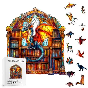 Cangshu Pavilion's Dragon-Printed Ancient Books Wooden Puzzle with Stained Glass Fantasy World Relaxing Challenging Build for Puzzle Nights Fantasy Fans Unique Gift