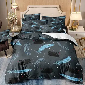 3-piece duvet cover set, dark gray base with black swan and blue-gray feather pattern, 3D digital printing, suitable for bedroom and guest room home décor (1 duvet cover, 2 pillowcases, duvet insert not included). Machine washable, zippered design.