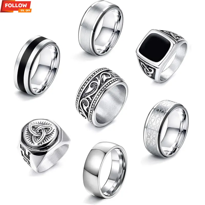 FLORIDECO Men's 7-Piece 316L Stainless Steel Fashion Rings Set - Gothic-Celtic Knot, Retro, Waterproof, Non-Tarnish Biker Jewelry for Daily Wear, Birthday Gift for Men's Accessories