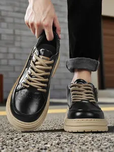 Men's Vintage British Style Low Top Sports Shoes, Thick Sole, Side Zipper, Easy Wear, PU Leather, Casual Comfort, Outdoor & Daily Use