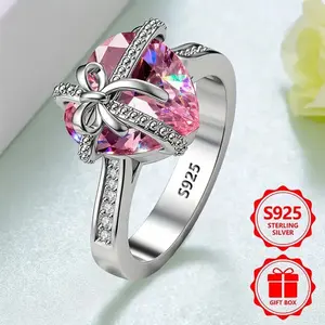 925 Sterling Silver Women's Classic Fashion Ring, Elegant, Fashionable, Luxurious High-Value Ring, Inlaid with Heart-Shaped Pink Shiny Synthetic Cubic Zirconia, Couple Ring, High-Quality Women's Fashion Jewelry Ring, Suitable for Travel, Tourism, Holiday