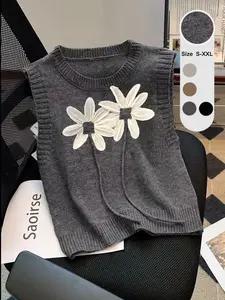 Trendy Sleeveless Knitted Vest for Women, Elegant Layered Design with 3D Flower Pattern, Perfect for Spring and Autumn Fashion