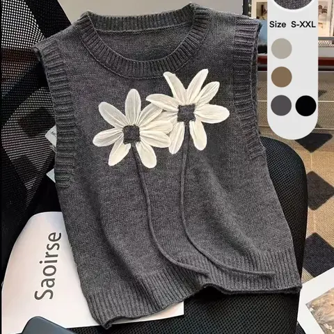 Trendy Chic Casual Loose Sleeveless Knitted Crewneck Aesthetic Vest Tops for Women, Elegant Layered Design with 3D Floral Flower Pattern, Perfect for Spring and Autumn Fashion