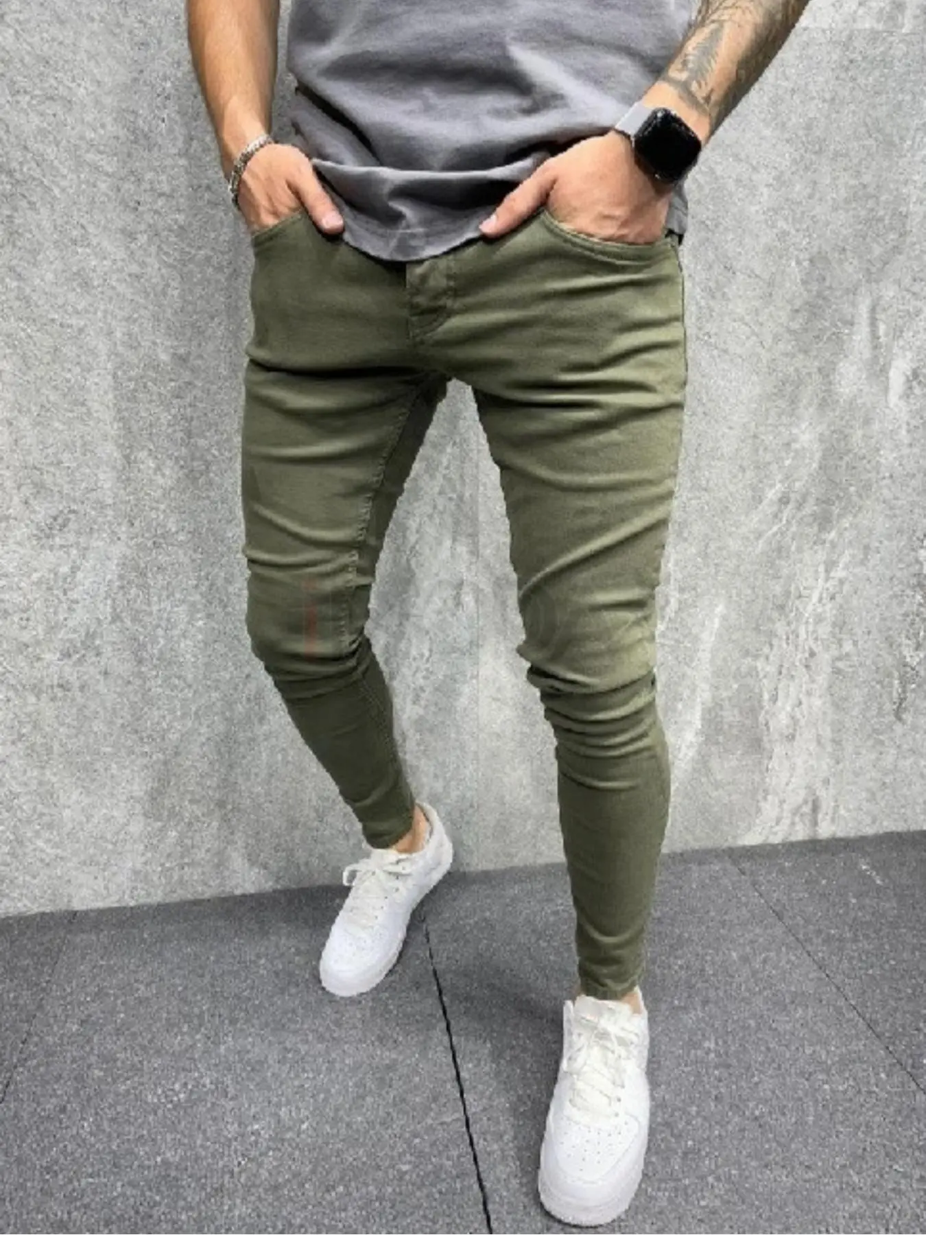 Men's Solid Color Skinny Jeans, Army Green, Casual Comfy Denim Pants with Pockets for Daily Wear, Fashion Men's Bottoms for All Seasons, Trouser, Cotton