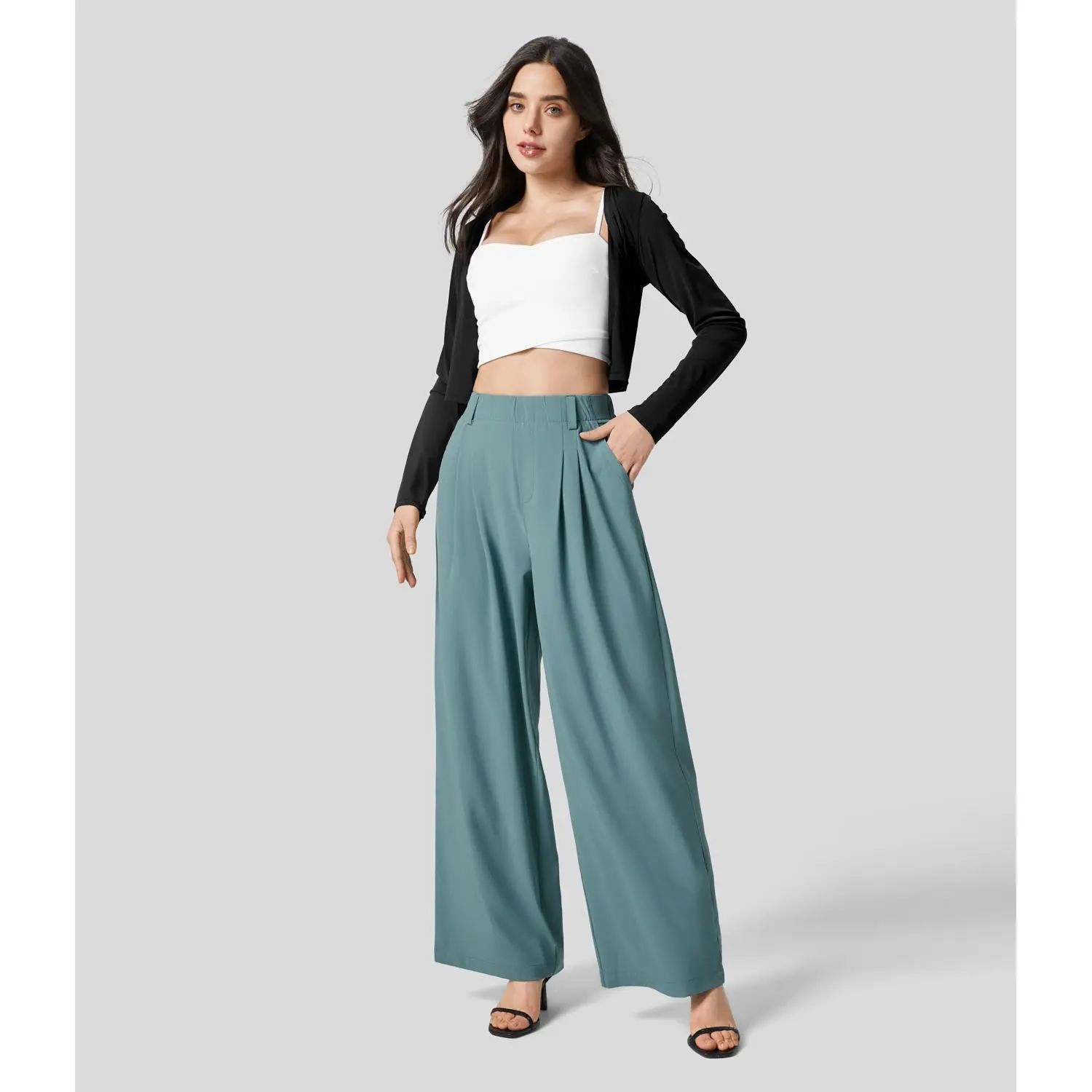 Halara Breezeful High Waisted Plicated Side Pocket Wide Leg Flowy Solid Palazzo Quick Dry Casual Pants