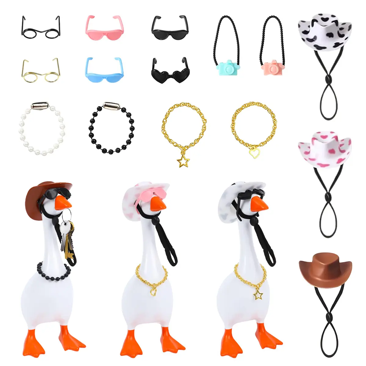 15 Pcs 7 inch Desk Goose Outfits Mini Goose Costume With Chain Collar Hat Sunglasses Accessories Magnetic Desktop Goose Key Holder Decor