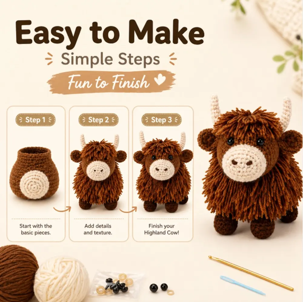 TIKA Beginner Crochet Kit Highland Cow with Step-by-Step Video Tutorials, DIY Amigurumi Animal Crochet Starter Set for Adults