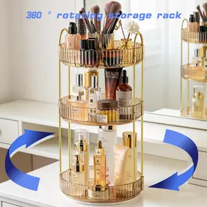 360° Rotating Makeup Organizer, Large-Capacity Skincare Make Up Storage 3 Tier Perfume Organizers Cosmetic Dresser Organizer with Makeup Brush Holder, Fits Bedroom, Bathroom, Vanity Shelf Countertop