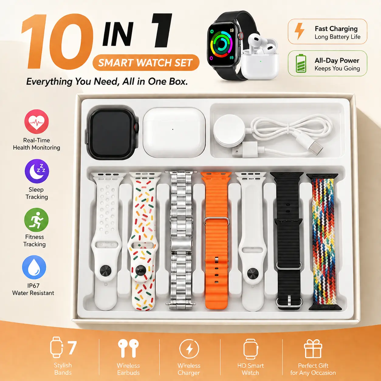 10-in-1 Combo Set: Bluetooth headphones, wireless charging, 1.85-inch hard disk display, heart rate and sleep monitoring, multiple exercise modes, water-resistant, 3 color options available, suitable for men, women and the elderly, as a gift