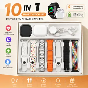 10-in-1 Combo Set: Bluetooth headphones, wireless charging, 1.85-inch hard disk display, heart rate and sleep monitoring, multiple exercise modes, water-resistant, 3 color options available, suitable for men, women and the elderly, as a gift