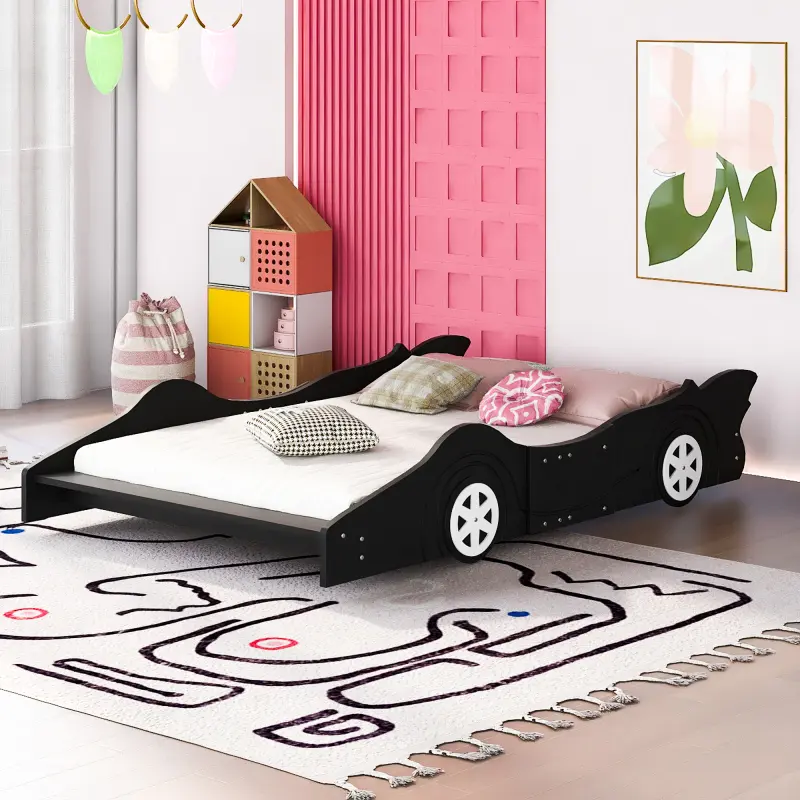 🔥 [SOIYELIFE] Black Full Size Race Car Bed with Wheels Cool and Durable Themed Bedroom Furniture for Kids and Teens Perfect for Modern Spaces