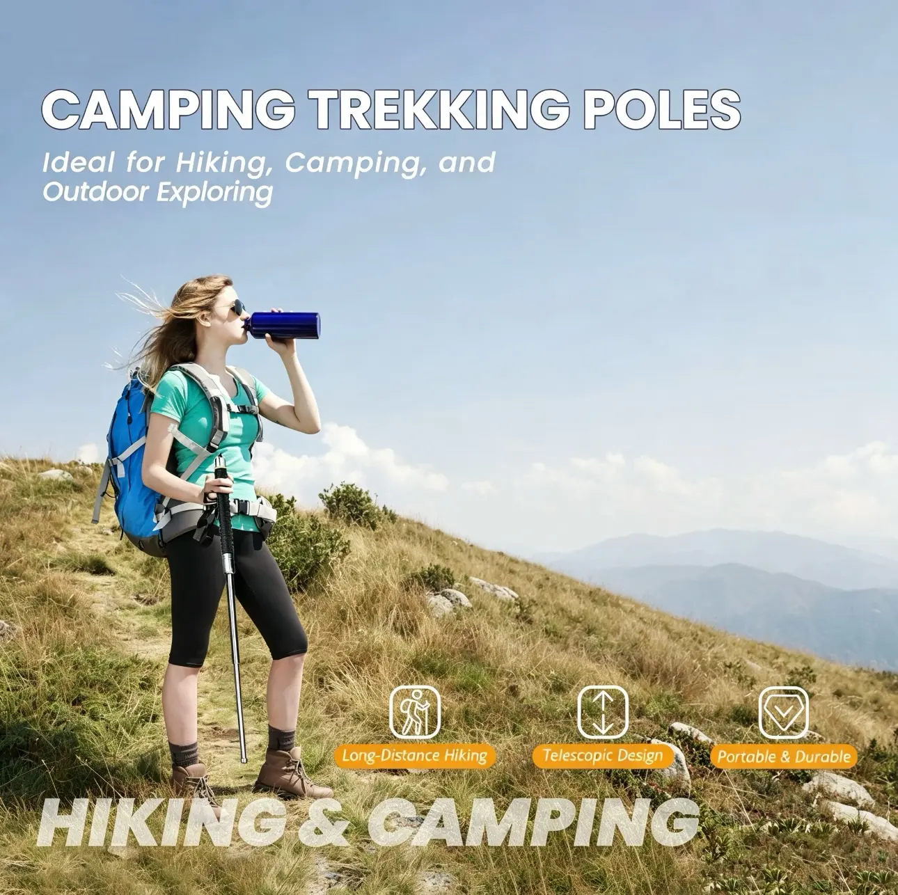 Adjustable Lightweight Telescopic Hiking Sticks - 26-in Durable Multifunctional Foldable, Hiking Survival Outdoor Exploring
