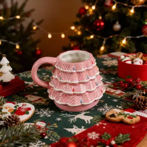 Pink 18oz Xmas Tree Ceramic Mug - Reusable Coffee Drinkware with Colorful Design and Handle