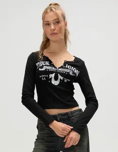 TRUE RELIGION Ribbed V Notch Womens Long Sleeve Tee