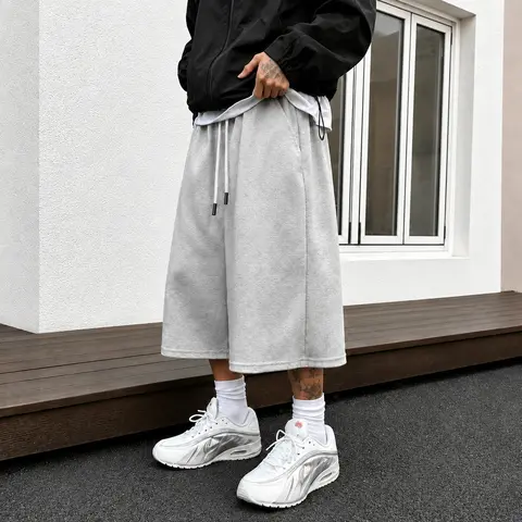Men's Relaxed-Fit Wide-Leg Cropped Capris Male Clothing - Lightweight Drawstring Waist Street Fashion Joggers with Pockets, Easy Movement, for Gym, Casual Lounge