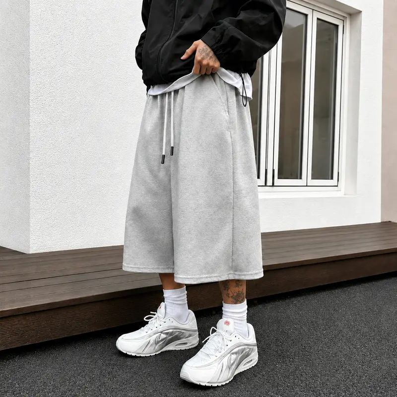 Men's Relaxed-Fit Wide-Leg Cropped Capris Male Clothing - Lightweight Drawstring Waist Street Fashion Joggers with Pockets, Easy Movement, for Gym, Casual Lounge
