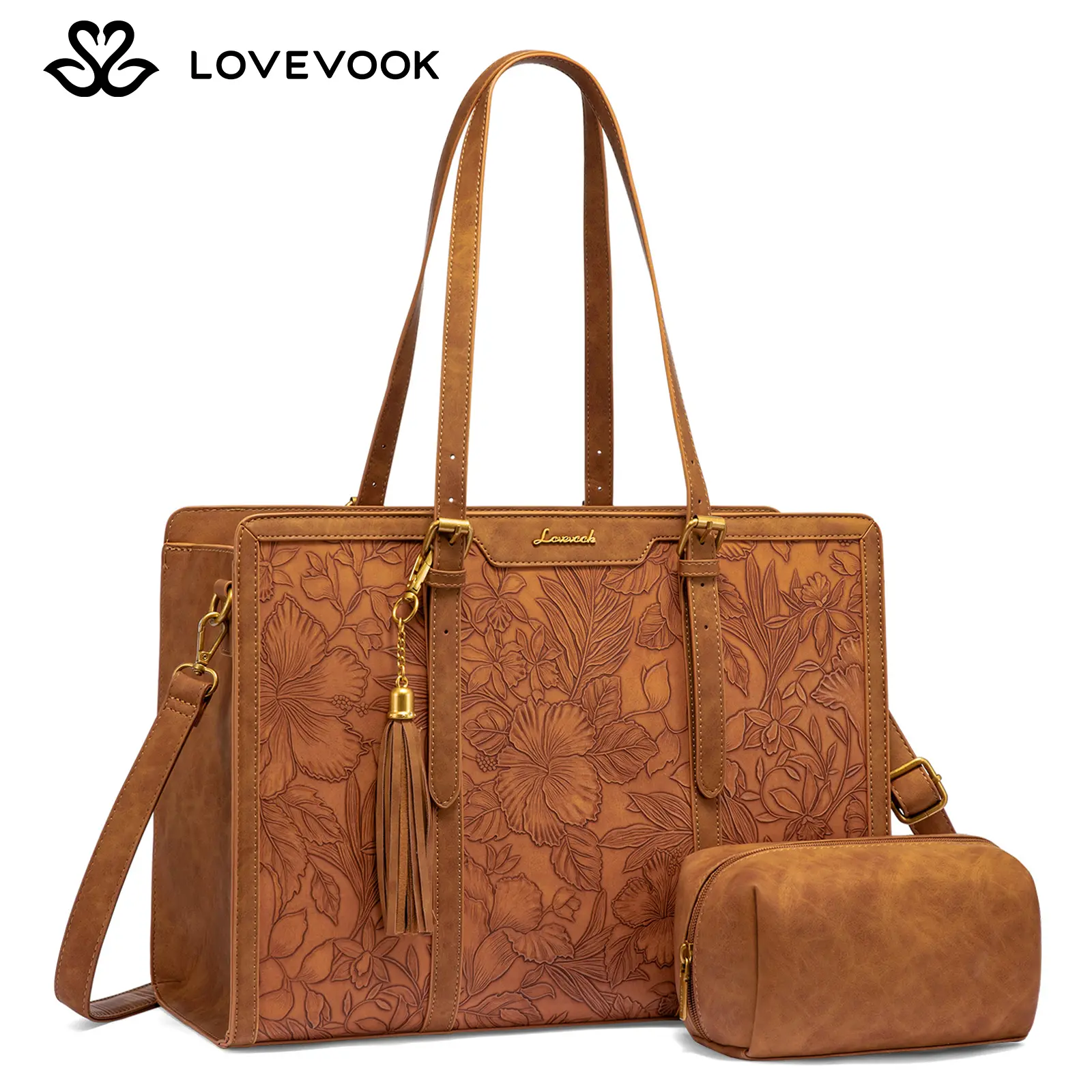 LOVEVOOK Canvas Laptop Tote Bag 15.6 & 17.3 inches for Women with Clutch Purse, Lightweight Tote Bag with 2 Cup Holder, Purses for Women, Computer bag for Work, Office, Casual.  TikTokShopBackToSchool