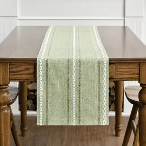 Mint Rustic Cotton Linen Table Runner, Seasonal Embroidered Hollow Kitchen Dining Decor, Home Party Decoration