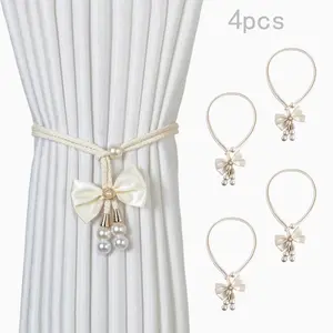4pcs Pearl Bow Curtain Tiebacks, Modern Adjustable Sheer Curtain Straps, Elegant Design for Bedroom Living Room, Blue