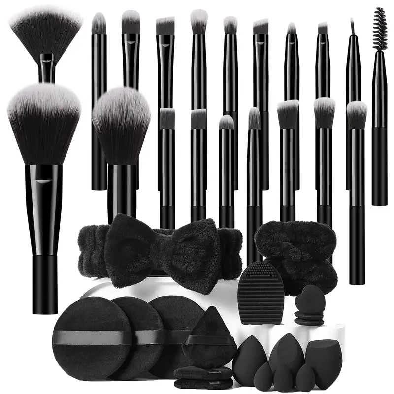 39-Piece All-In-One Makeup Brush Set, Soft Face Fan & Eyelash Brushes with Beauty Sponges, Triangle Powder Puffs, Plush Bow Headband and Silicone Brush Cleaning Pad, Complete Makeup Tools Kit for Beginners Daily Travel