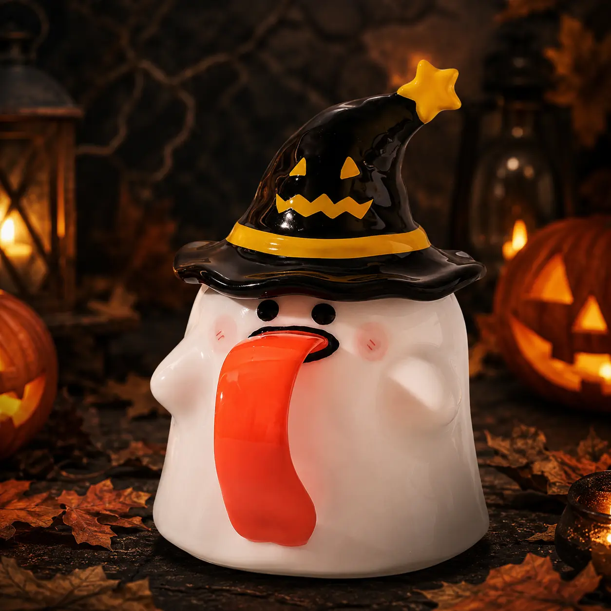 Ceramic Cute Spooky Ghost Coffee Mug - Halloween Decorations with Ghostly Design & Pumpkin, Compact Desk Halloween Drinkware Gifts for Adults, Atmosphere Enhancer, Small Compact