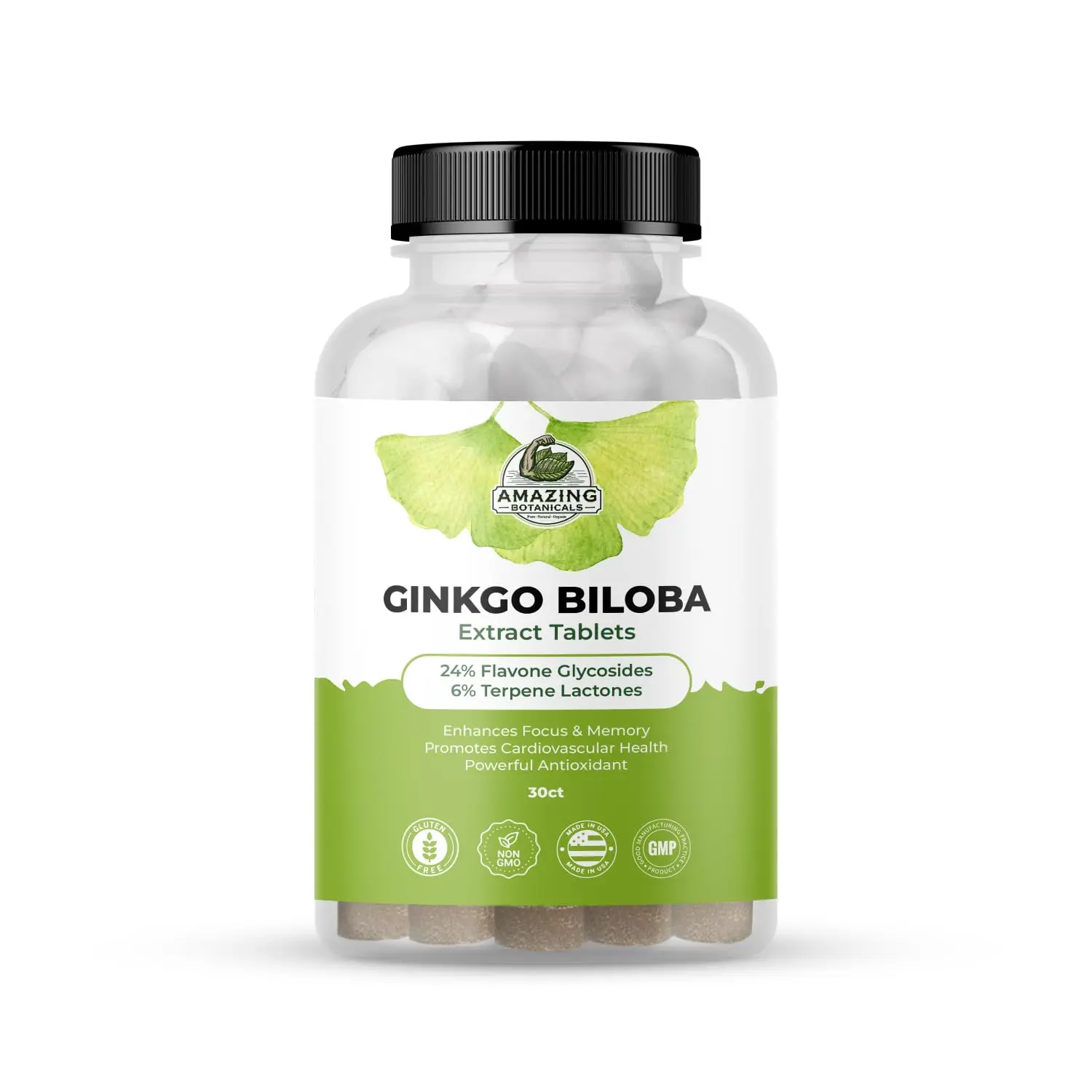 Amazing Botanicals Certified Standardized Ginkgo Biloba Extract Edible Supplement Tablets - 30ct, Lab-Tested Potent Natural Antioxidant with Natural Ingredients, Dietary Cognitive Aid for Memory Boost & Healthy Brain Function