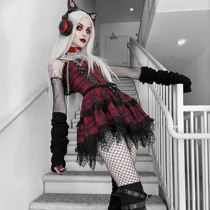 Women's Dark Goth Plaid Polyester Fiber Sleeveless Casual Mini Dress - High Waist, A-Line, Stitching Off-Shoulder Fashion Streetwear Clothes