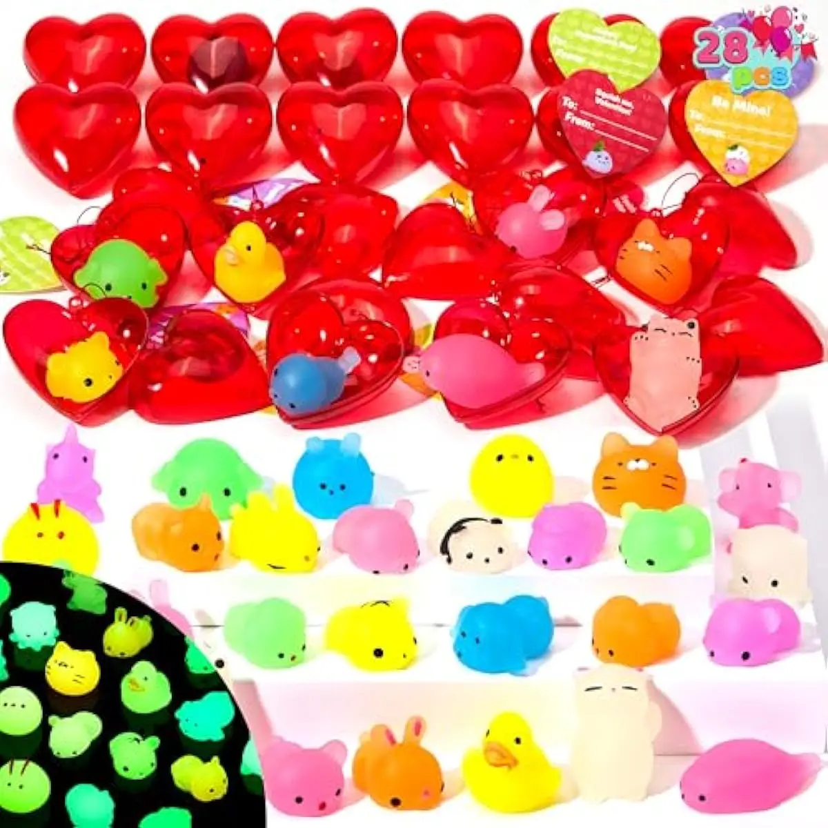 28 Packs Valentines Day Gifts for Kids, Glow Mochi Squishy Toys with Heart Funny Valentines Day Cards for Kid School Classroom Exchange Prize, Stress Relief Fidget Toy for Valentine Party Favor