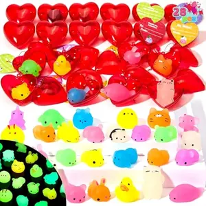 28 Packs Valentines Day Gifts for Kids, Glow Mochi Squishy Toys with Heart Funny Valentines Day Cards for Kid School Classroom Exchange Prize, Stress Relief Fidget Toy for Valentine Party Favor