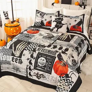 Halloween Quilt Set  Size Bedspread with Pillow Shams Festival Themed Bedding Sets Pumpkin  Coverlet 4 count (90"x90")