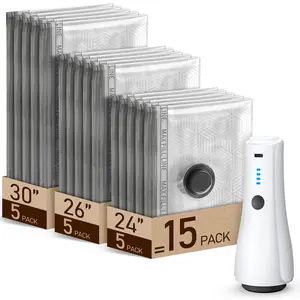 Portable Vacuum Storage Bags 15 Pack for Travel with Rechargeable Electric Pump, Carry-on Size Compression Packing Bags for Clothing, Blankets, Space Saver for Luggage and Suitcase