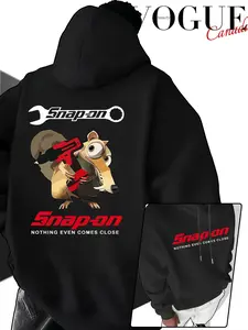 Men's Hooded Sweatshirt Autumn, Snap-On Cartoon Squirrel Print, Fun Tool Wind Trendy Loose Fit Top, Casual Fall & Winter Fashion