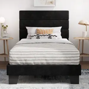 SHA CERLIN Twin/Full/Queen/King Platform Bed Frame With Velvet Upholstered Headboard, Sturdy Wooden Slats, No Box Spring Needed, Black